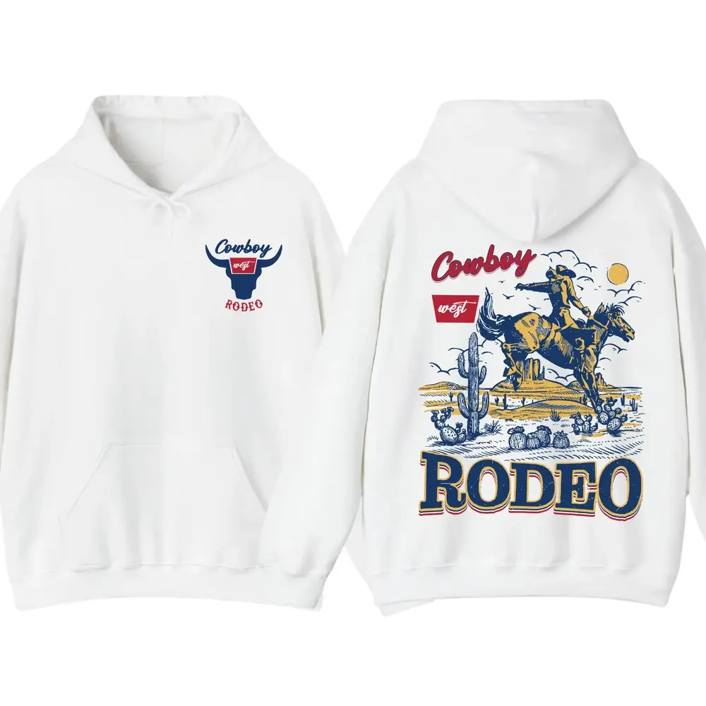 Vintage Cowboy Rodeo Graphic Hoodie, Retro Western Pullover, Washed Style Cowboy Hoodie, Casual Streetwear Trendy Apparel