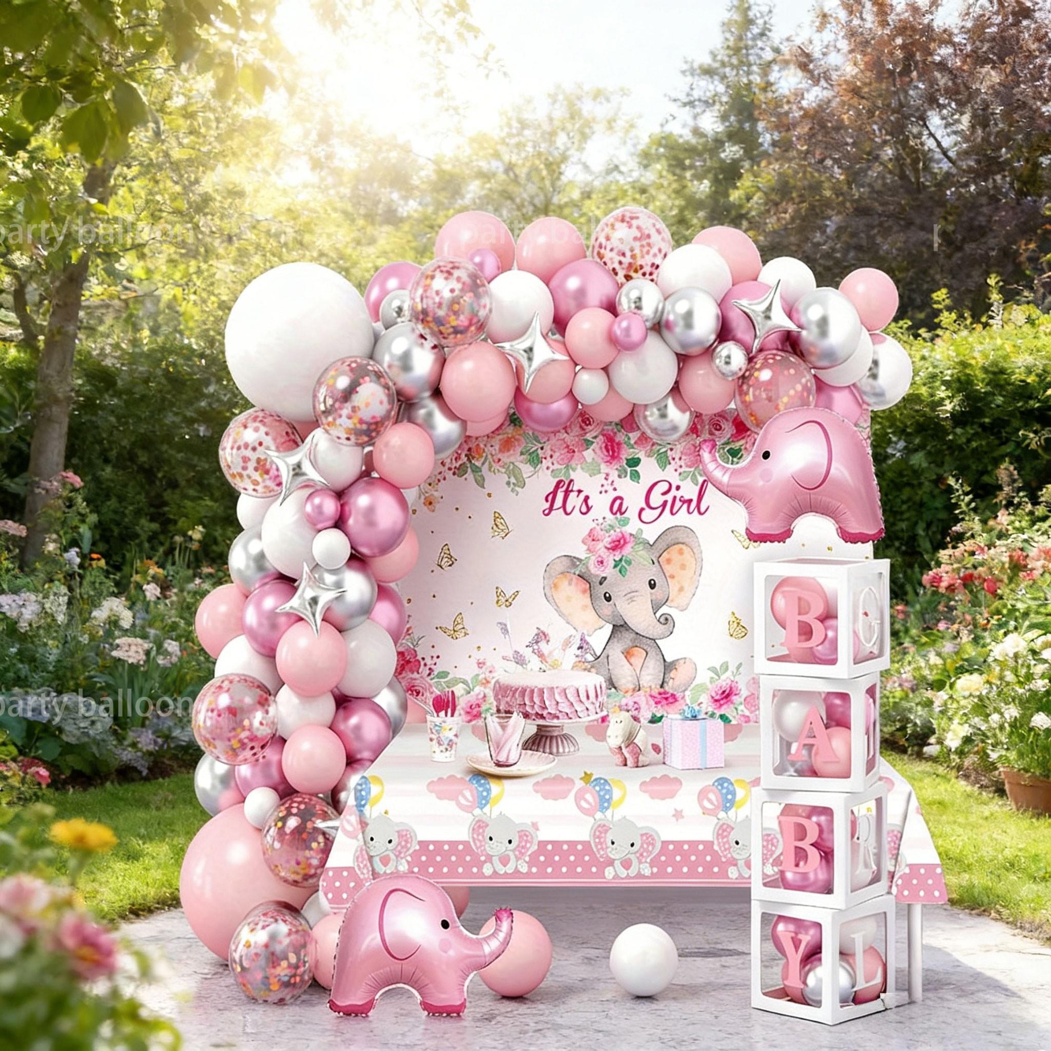 122 Piece Elephant Baby Girl Birthday Party Balloon Set, Bear, Star Aluminum, Latex, Metallic Balloons, Baby Shower Decorations