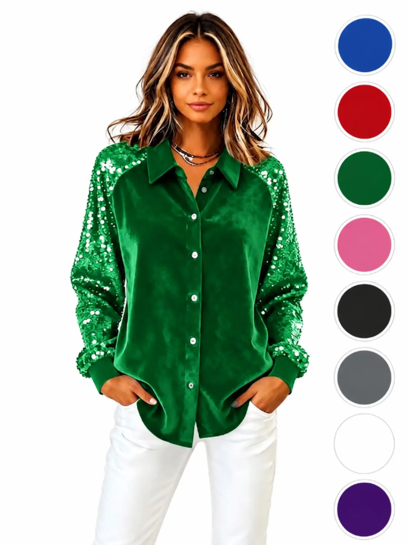 Sparkly Sequin Long Sleeve Velvet Shirt – Button Down Party Top for Women, Night Out & Holiday