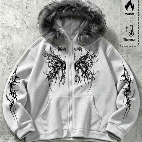 Men's Casual Zipper Long Sleeve Hooded Jacket, Gothic Style, Faux Fur Lined Warm Fabric, Thorn Butterfly Print, Fall & Winter Streetwear