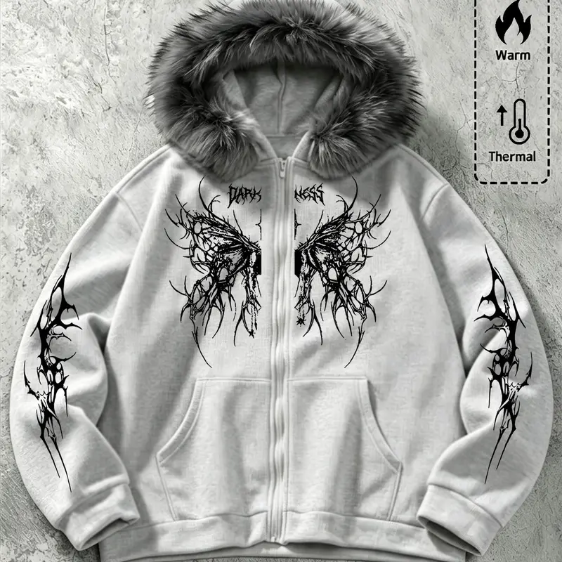 Men's Casual Zipper Long Sleeve Hooded Jacket, Gothic Style, Faux Fur Lined Warm Fabric, Thorn Butterfly Print, Fall & Winter Streetwear