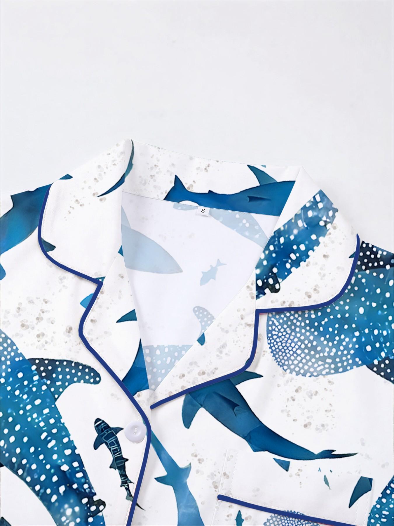 Women's Shark Print Pajama Set, Short Sleeve Button-Up Top and Elastic Shorts, Casual All-Season Sleepwear, Comfortable Home