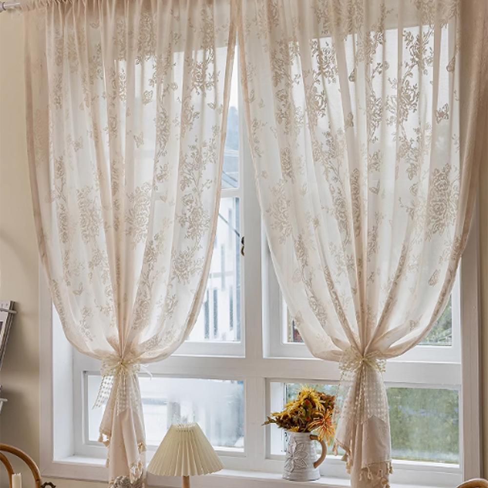 1pc Cream Hollow Mirror Sheer Curtain, Sun Protection Insulation UV Block, Universal for Living Room Bedroom Kids' Room, Rod Processing