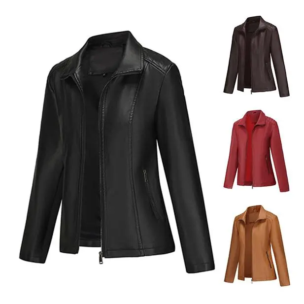 Women's Faux Leather Vintage Lapel Collar Long-Sleeve Casual Short Motorcycle Coat - Zip-Up, PU Fabric, Zippered Pockets, Suitable for Spring & Autumn - Tops Outerwear