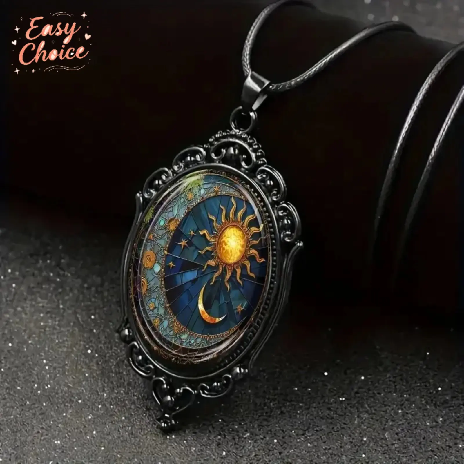 Women's Enchanting Sun and Moon Necklace, Oval Glass Pendant with Black Metal Frame, Elegant Mystical Layered Statement Jewelry, Thoughtful Holiday & Birthday Gift Accessory for Women Daily Party Wear