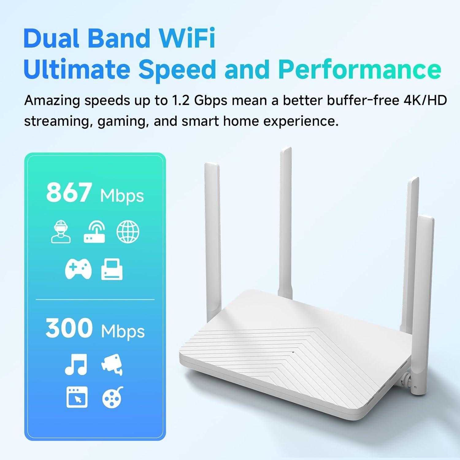 AC1200 WiFi Router 2.4GHz +5GHz Dual Band MU-MIMO  Internet Router with 4 Gigabit Ethernet Ports, 4 x 5dBi Antennas, Bridge & Repeater Mode, EasyMesh, Guest Network (T18-21K)