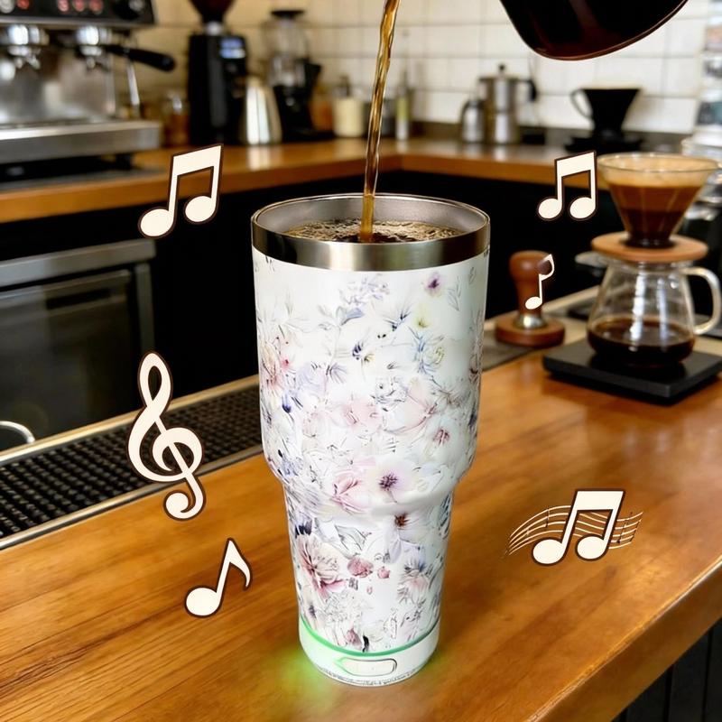 30 Oz Insulated Cup with Bluetooth-compatible Mini Speaker, Large Capacity 900ML Ice Bucket, Detachable Rechargeable Player, Thermal Mug for Hot & Cold Drinks