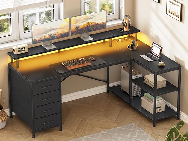 SEDETA 47.2 Inch L Shaped Desk with 4 Drawers and Storage Shelves L Shaped Gaming Desk with LED Lights Power Outlets