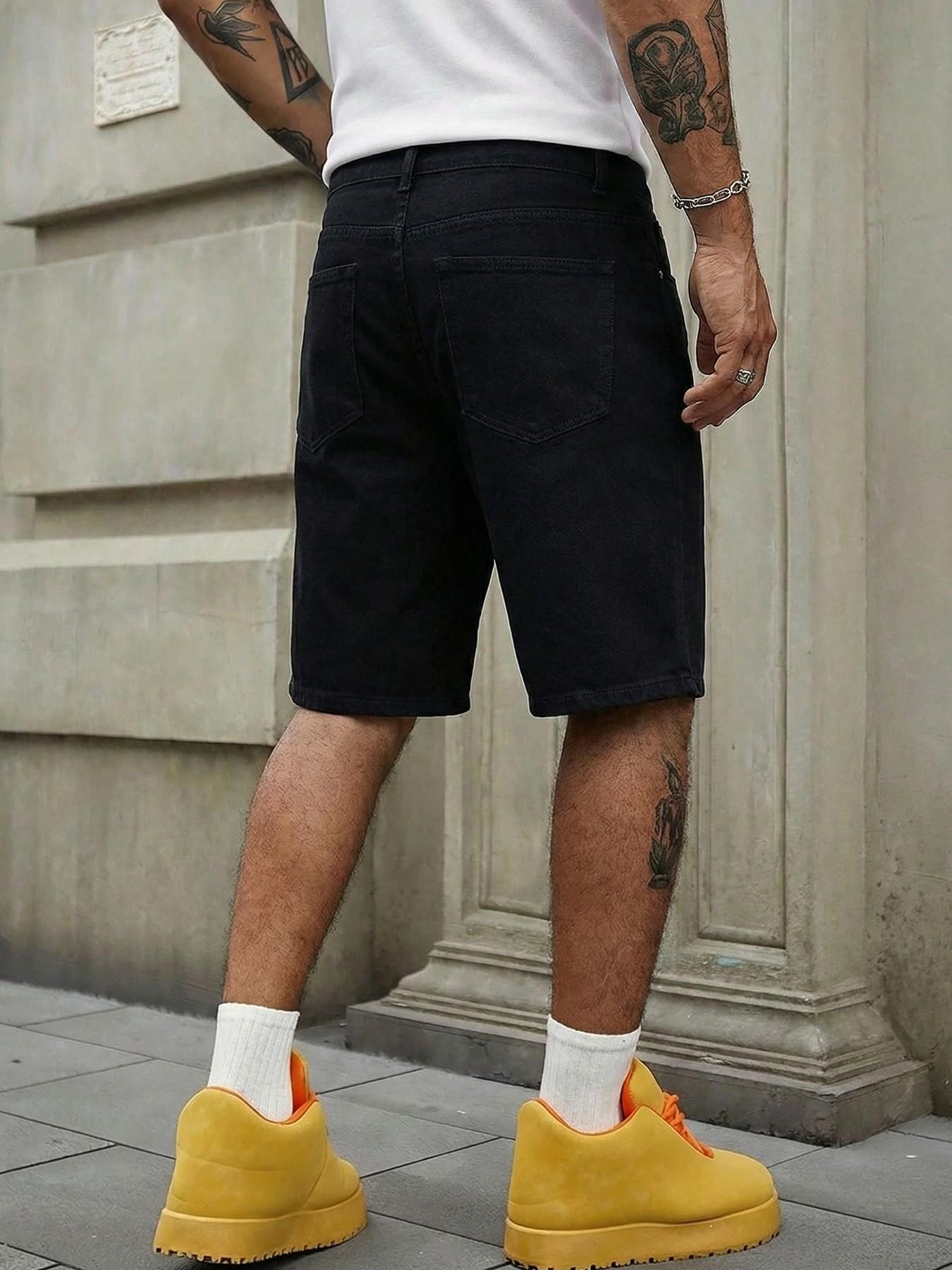 Summer Men's Rhinestone Letter Embellished Loose Fit Straight Leg Denim Shorts, Trendy American High Street Casual Five-Pocket Pants