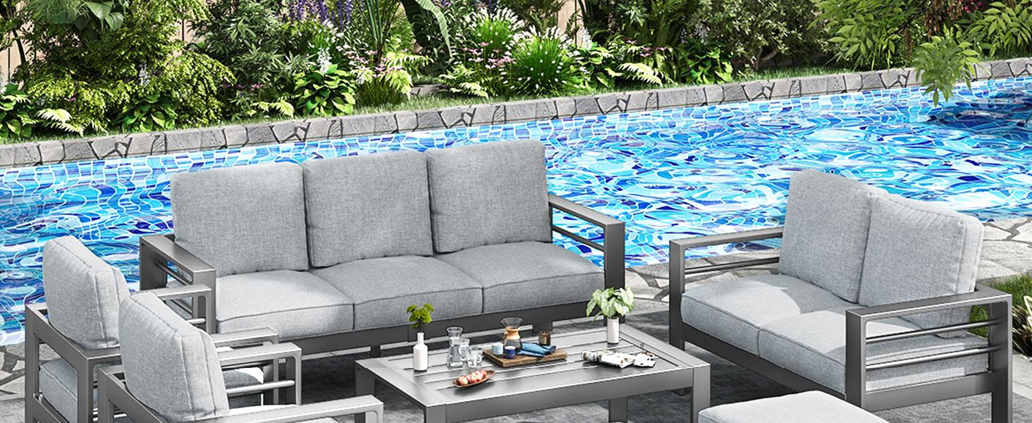 【3 to 4 Packages  arrived at different times】YODOLLA Aluminum Modern Patio Furniture with Coffee Table, 7 Pieces Outdoor Conversation Set with Dark Grey Cushions for Balcony, Porch, Lawn and More