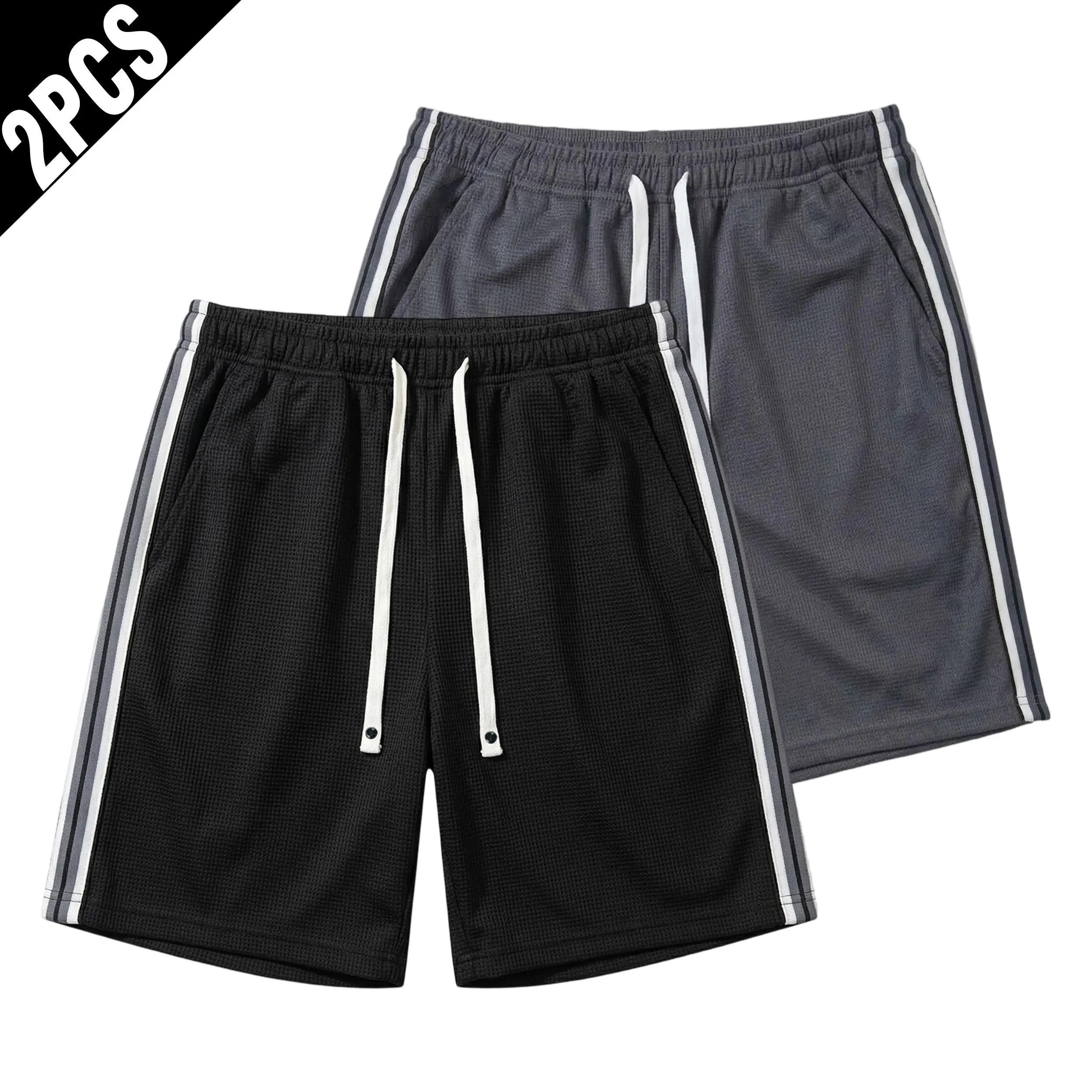 Men Double Side Vertical Stripe Waffle Mesh Athletic Shorts, Drawstring Elastic Waist Loose Fit Breathable Casual Streetwear Workout Sweat Shorts summer cargo men's casual cargo short outdoor fitness active indoor casual short sport lightweight style