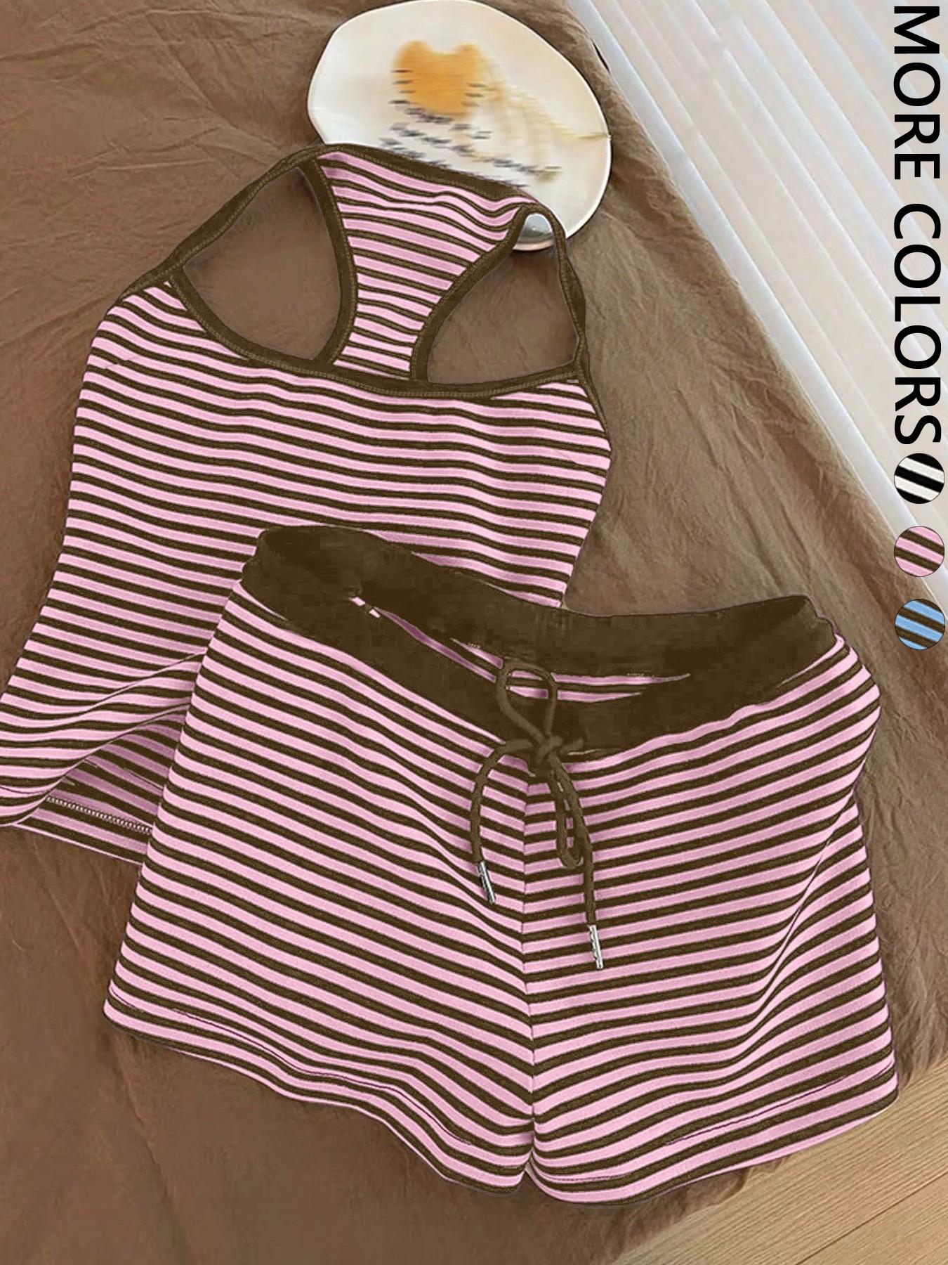 Basic Striped Casual Matching Set for Women - Halter Sleeveless Crop Top &  Shorts Beach Vacation Outfits
