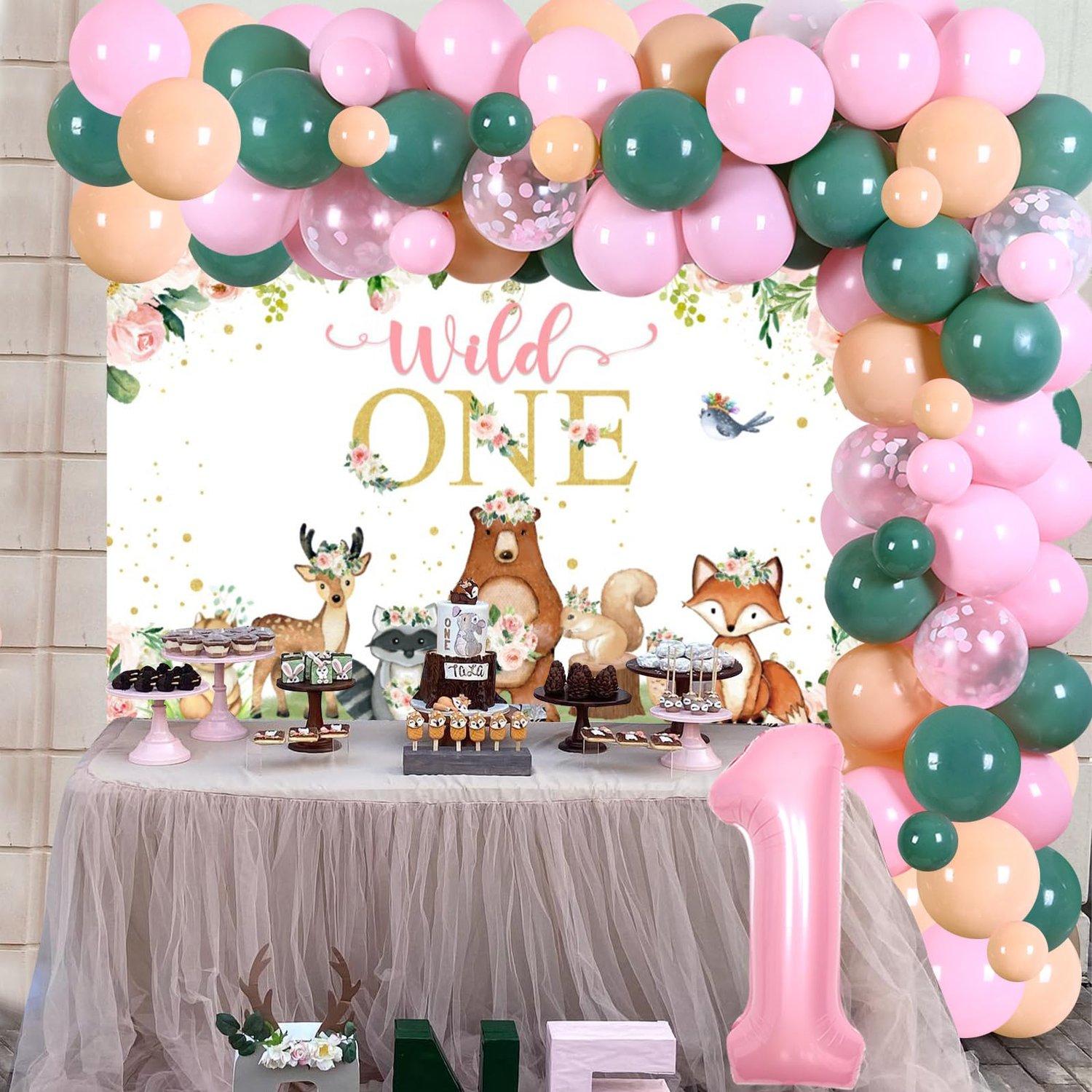 1Set Woodland 1anniversary birthday decorations Wild One Balloon Garland Arch Kit with Backdrop for Forest Animals Woodland Creatures First Party Supplies