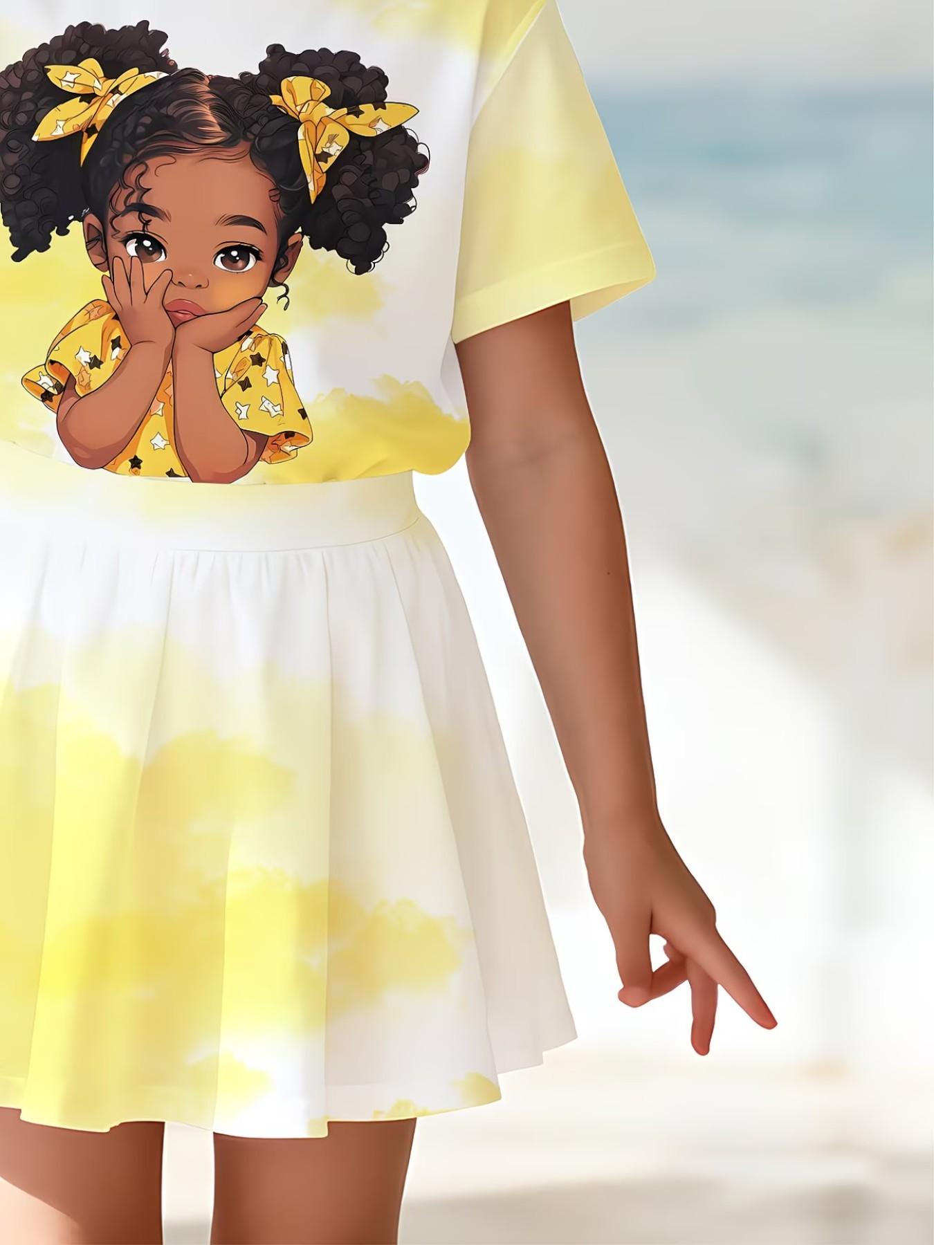 Girls' 3D Printed Sweet Pattern Top and Skirt Set, Summer Casual, Round Neck Short Sleeve, Two-Piece Ensemble