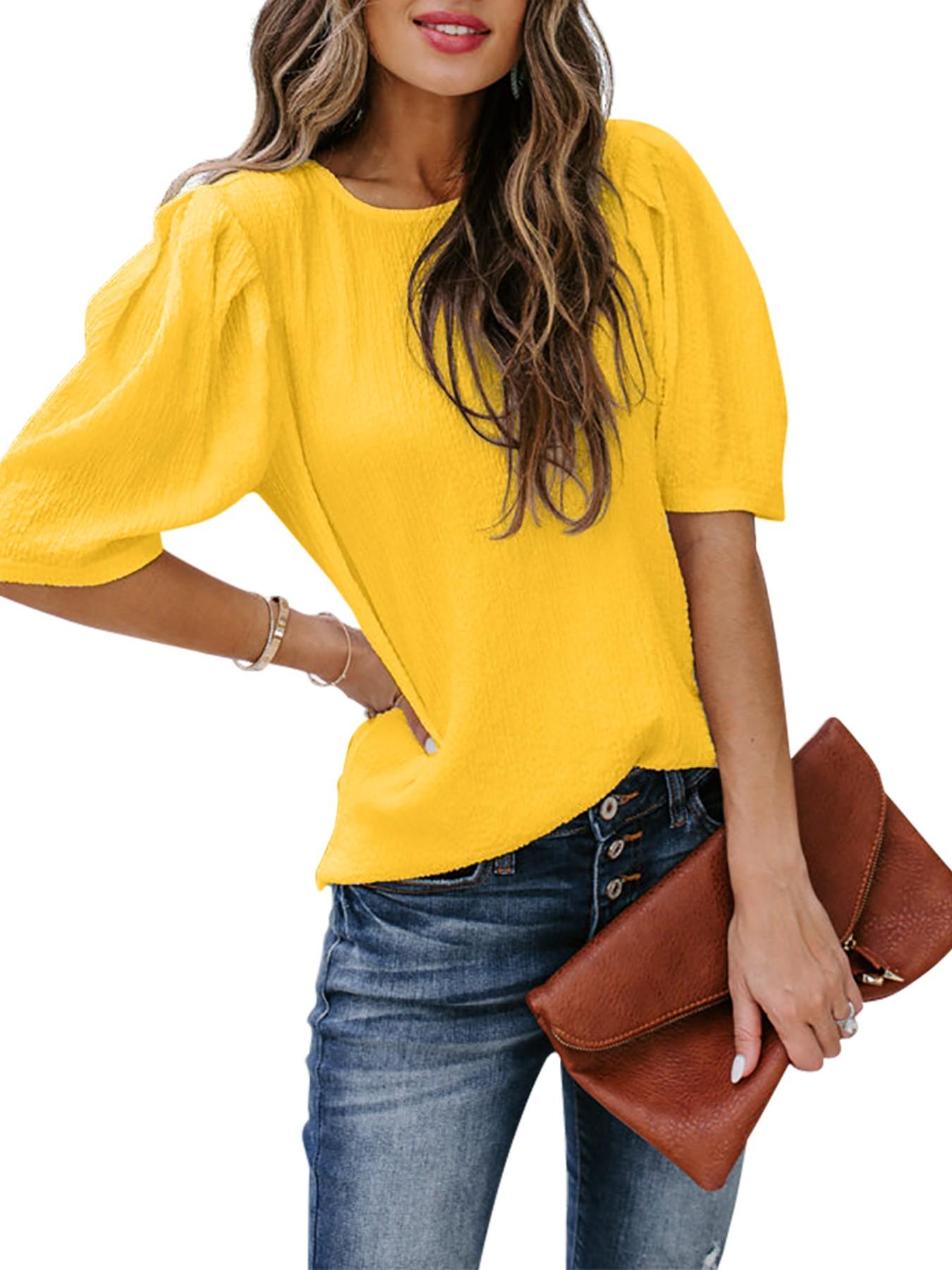 French Bubble Sleeve Solid Color T-Shirt for Women, Summer Simple Round Neck Short Sleeve Top, European and American Style Casual Basic Shirt