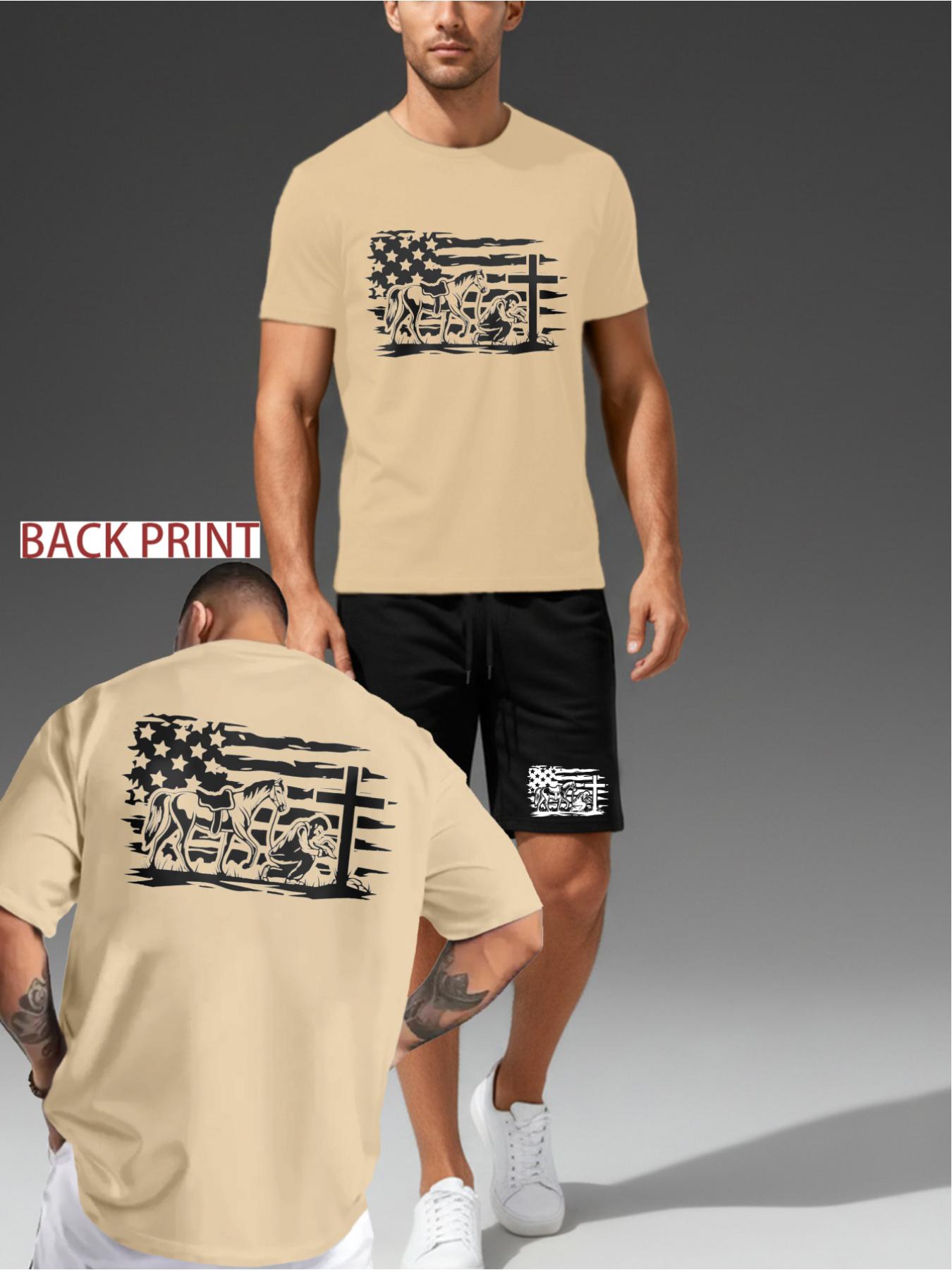 Retro Cowboy Prayer Theme Set with American Flag Elements, Front and Rear Printed Casual Short Sleeves+Shorts