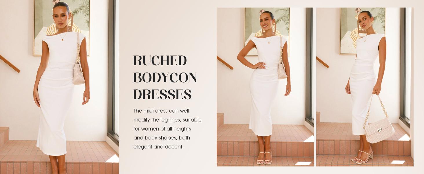 Wenrine Women‘s One Shoulder Midi Dress Elegant Bodycon Sleeveless Knit Ruched Slit Cocktail Party Formal Dresses