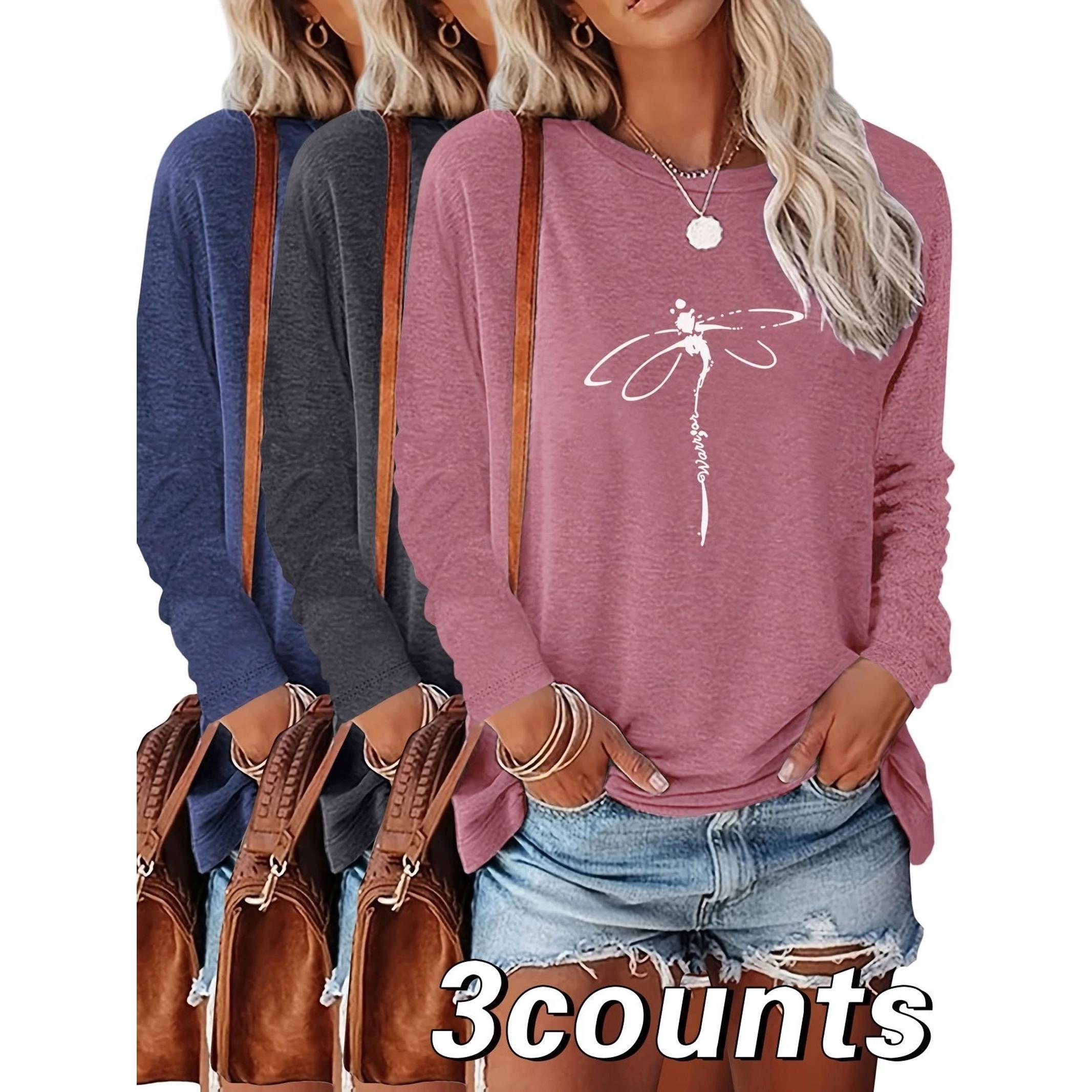 Women's Dragonfly Print Round Neck Tee, Casual Long Sleeve Crew Neck T-Shirt for Summer, Fashion Women's Top for Daily Wear, Everyday