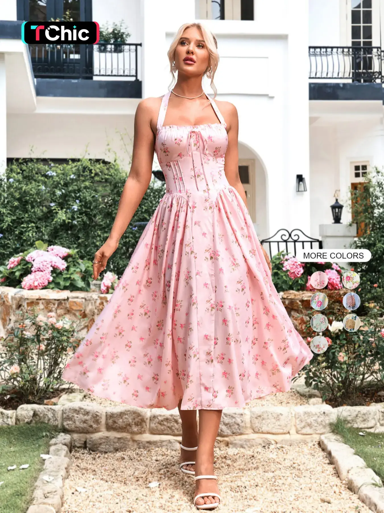 Women's Ditsy Floral Print Ruched Shirred Tie Back Halter Neck Dress, Elegant Fashion Casual Backless A Line Midi Dress for Daily Outdoor Wear, Women Dress for Summer