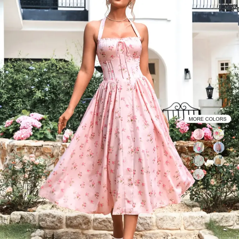 Women's Ditsy Floral Print Ruched Shirred Tie Back Sleeveless Dress, Elegant Fashion Casual Backless A Line Midi Dress for Daily Outdoor Wear, Women Dress for Summer