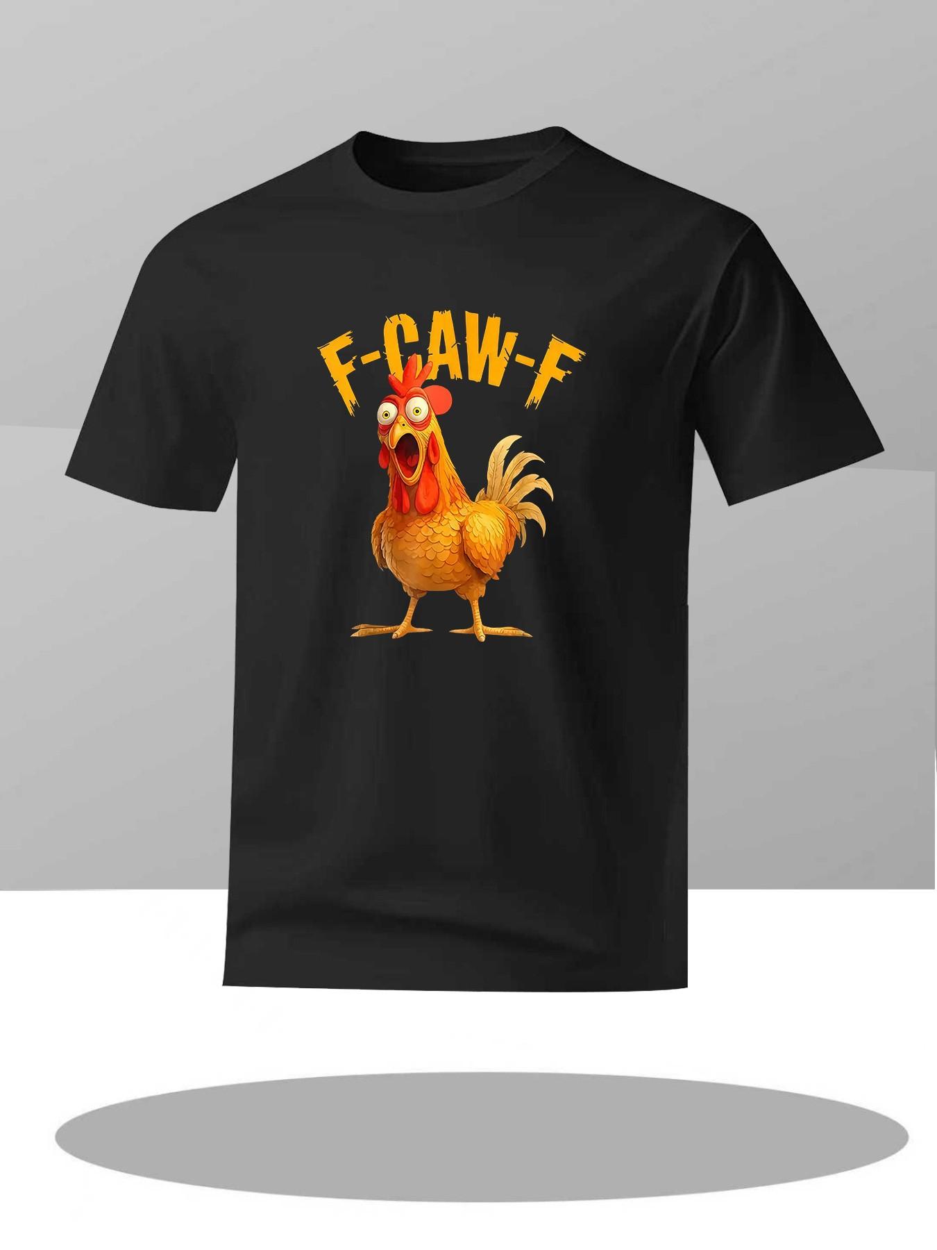 Men's Summer Short Sleeve T-Shirt, Cartoon Rooster Print, F-Caw-F Letter Design, Round Neck, Casual Long T-Shirt, Geometric Pattern