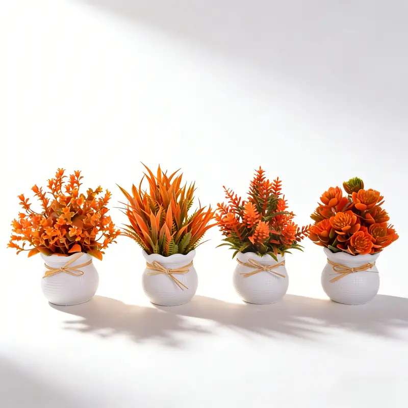 4 Counts Autumn Artificial Potted Plant Set, Thanksgiving European Style Home Decor, Table Decor, Desktop Fake Flowers, No Maintenance, No-Wilting and No-Fading