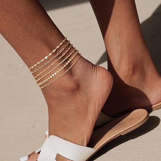 Tewiky 14K Gold Plated Waterproof Ankle Bracelets for Women, Gold Anklets for Women 6PCS Anklet Set Dainty Summer Beach Jewelry Gift For Valentine's Day gifts