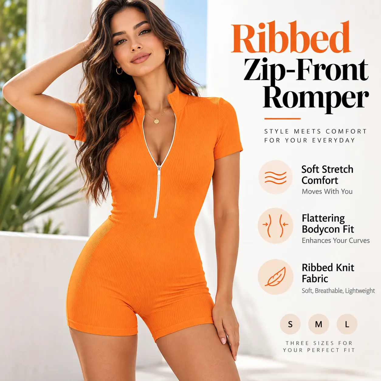 Women’s Ribbed Zipper Front Short Sleeve Bodycon Jumpsuit - High Stretch Slim Fit Smooth Comfortable Fabric Adjustable Mock Neck Sports Romper for Vacation, Brunch, Everyday Wear