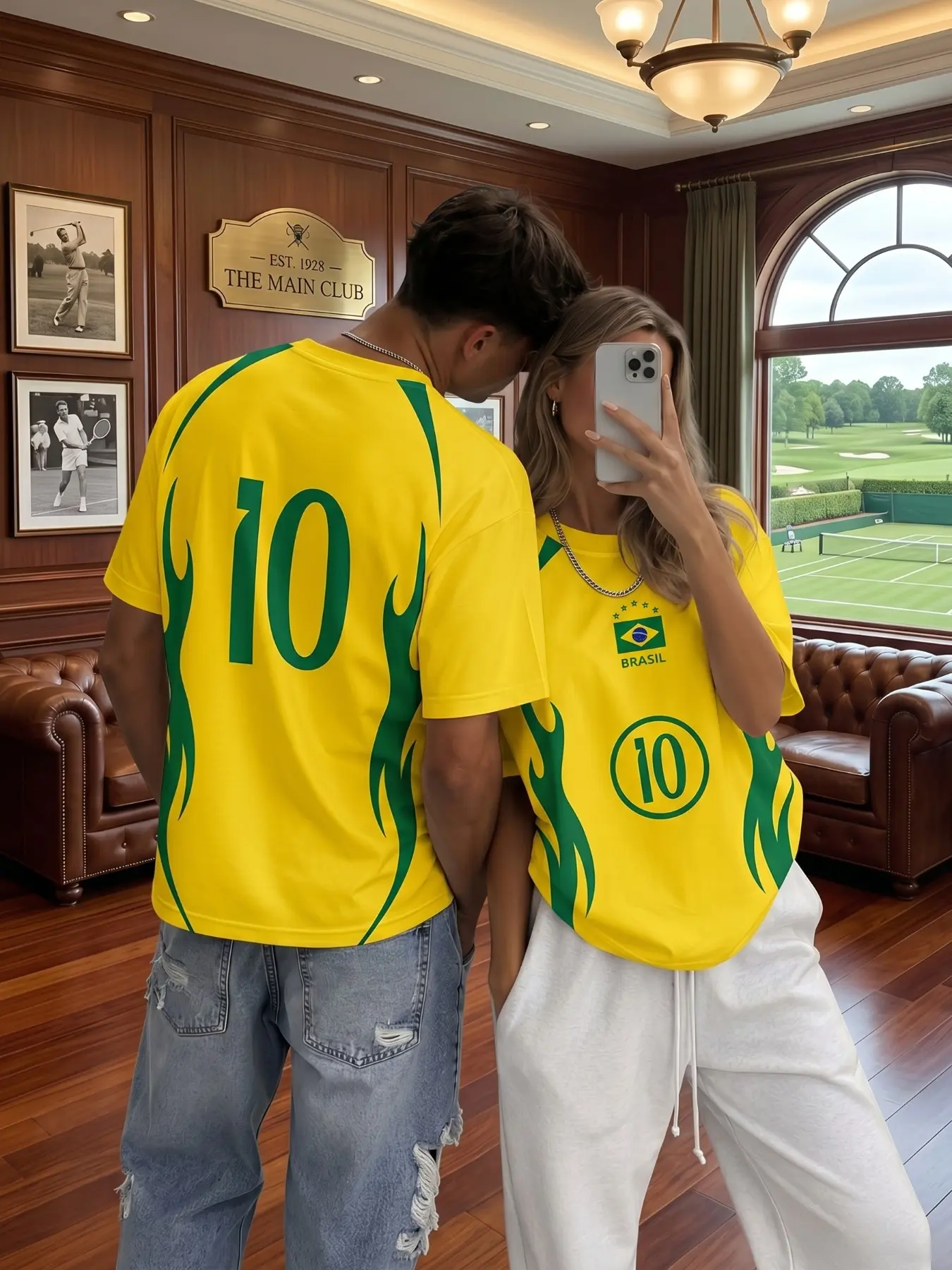 Polyester Couple Brazil National Soccer Jersey, Unisex Crew Neck Short Sleeve Football Tee, Bright Yellow Green Flame Print With BRASIL Flag Badge & Number 10 Front Back Print, Loose Vintage Matching Sports Tops For Match Day Couple Street Outfits