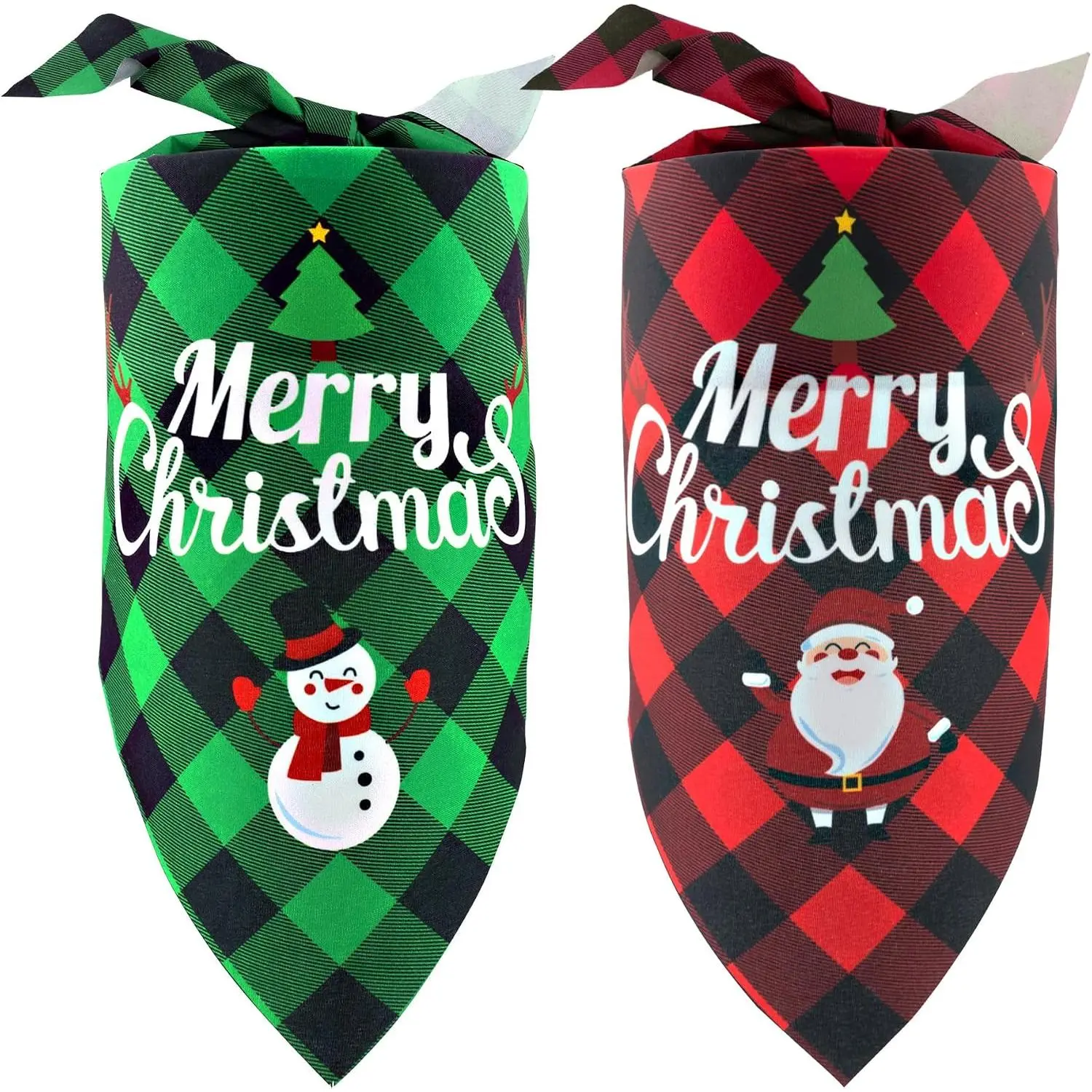 2 PCS Christmas Dog Bandanas Classic Plaid Triangle Dog Scarf with Merry Christmas Santa Snowman for Small Medium Dogs (Red Green)