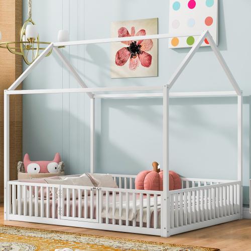 [Bellemave]Twin/Full  Size Metal House Bed with Fence and Door, Black