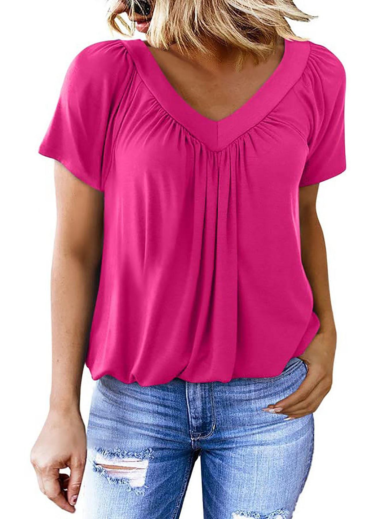 Women's Short Sleeve Casual Tops, Dressy V Neck T-Shirts, Loose Fit Summer Pleated Blouses, Comfortable and Stylish Clothing