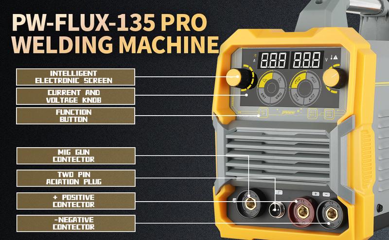 Puwu 135A 110V MIG Welder,Flux Core Welder with Flux MIG/Lift TIG/Stick 3-in-1 IGBT Inverter LED Digital Display Gasless Welder