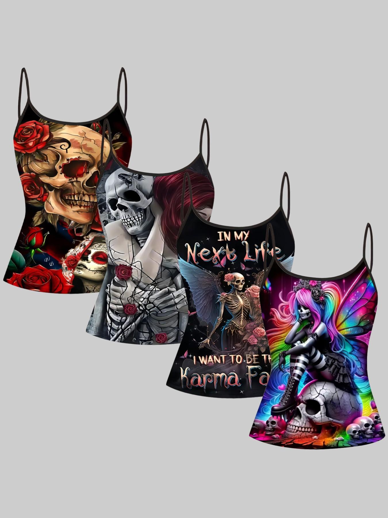 Gothic Skull Rose Print Straps, Summer Home Sleepwear Outer Wear, Unique Slim-Fit Top Set of Four Pieces, Casual All-Over Print Clothing
