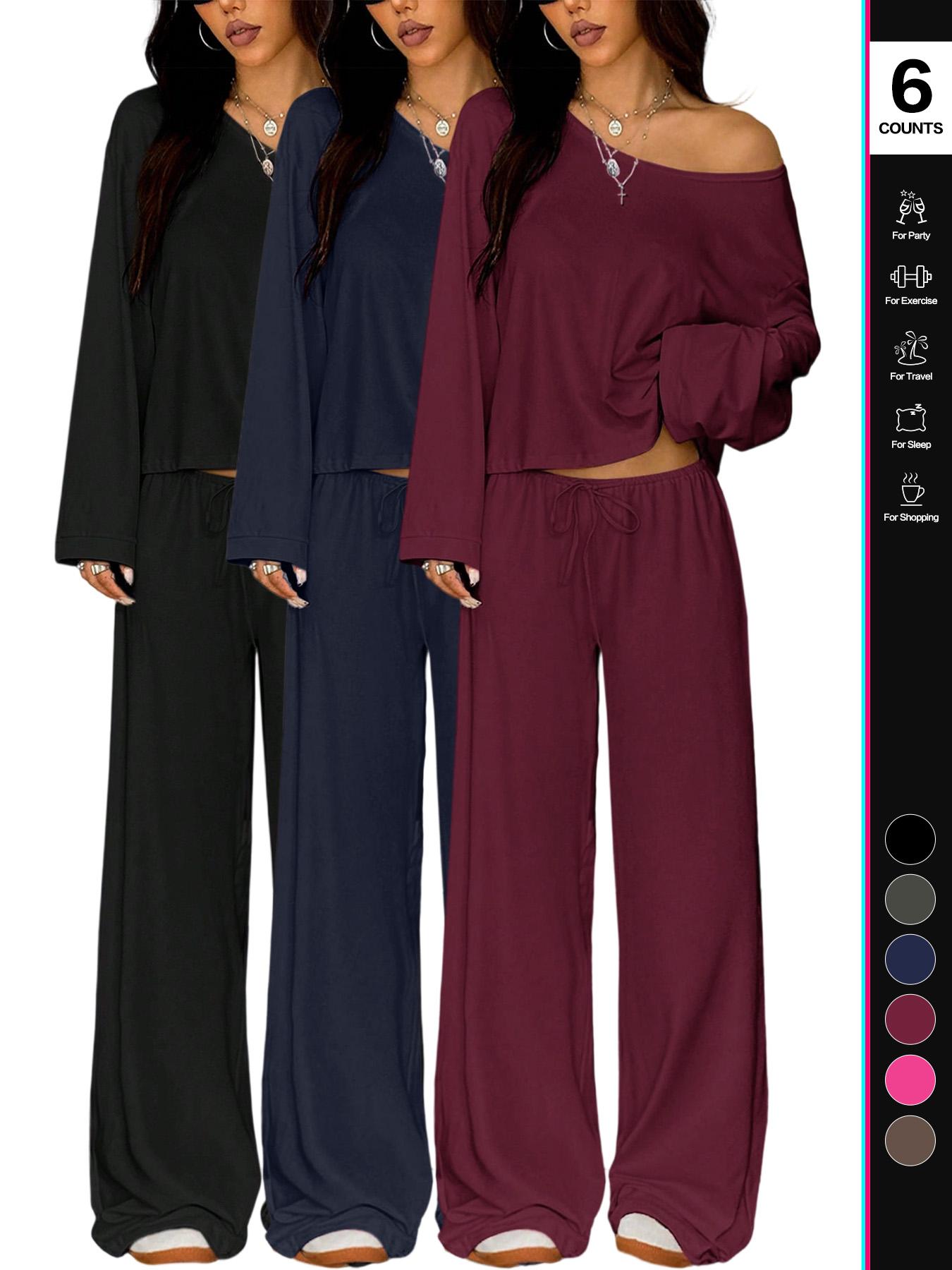 Women's 2 Piece Matching Lounge Set Off The Shoulder Long Sleeve Top and Drawstring Wide Leg Pants Casual Sweatsuit