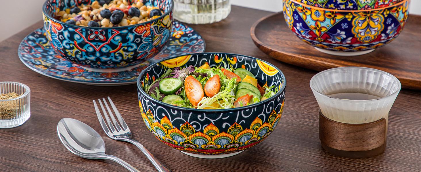 vancasso 12 Pieces Dinnerware Sets, Plates and Bowls Set, Porcelain Dishes Set for 4, Microwave and Dishwasher Safe, Scratch Resistant, Bohemian Style Dining Ware Service for 4, Series SIMI