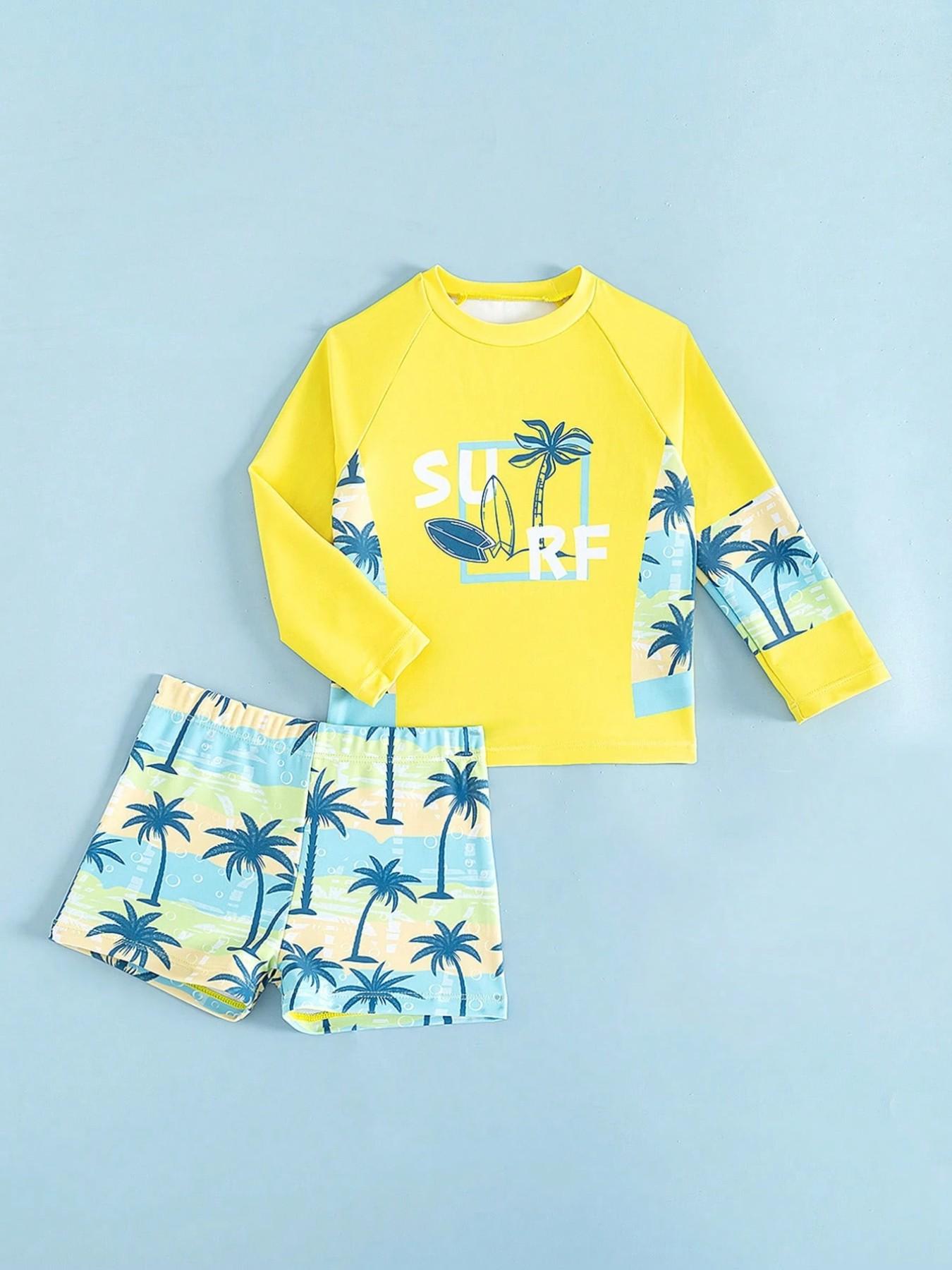 Surf Coconut Tree Swimsuit, Bright Colorblock Long Sleeve Sun Protection Quick-Dry Two-Piece Set, Kids Swimwear