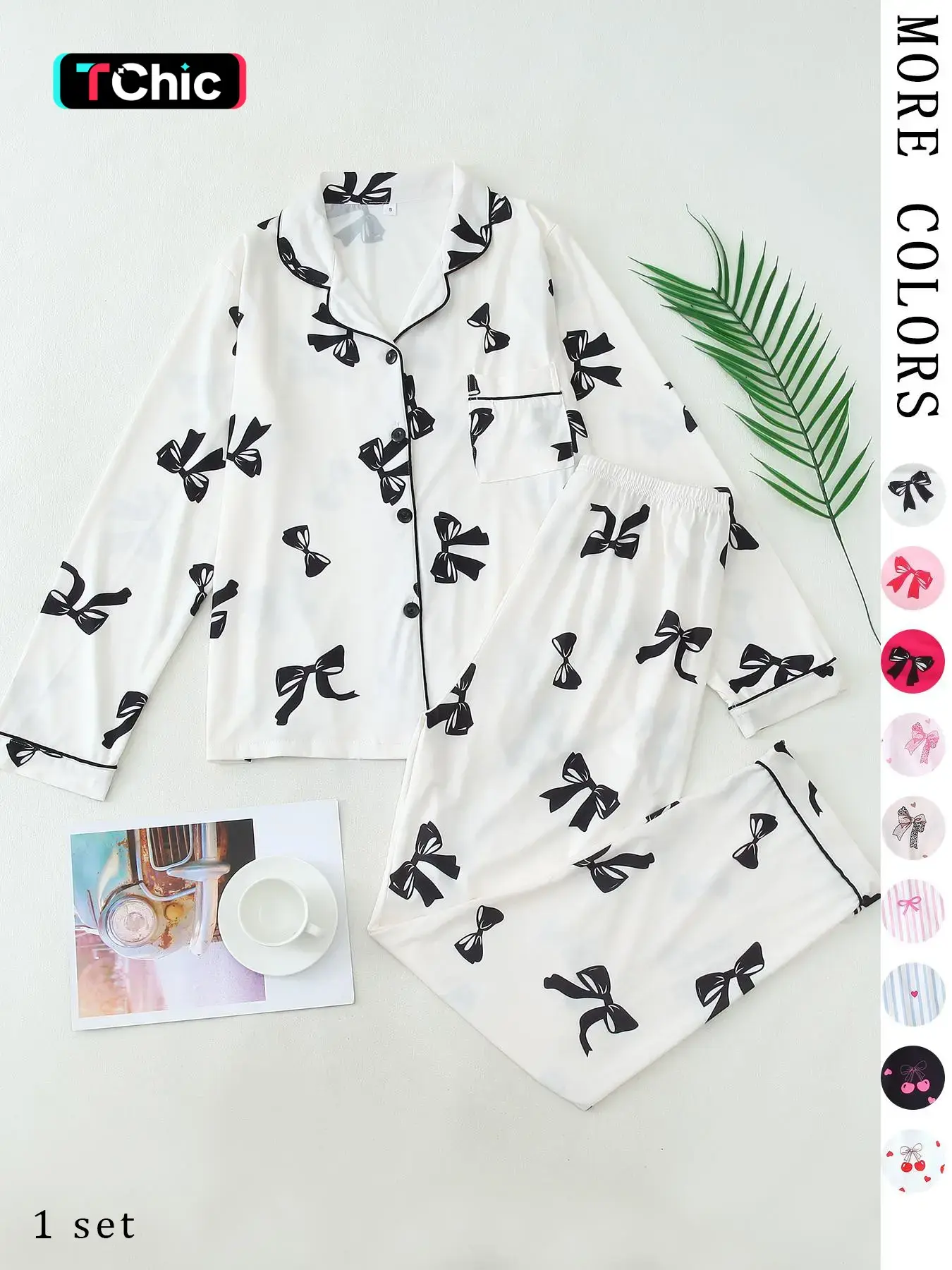 Bow Print Pajama Set, Pyjama, Womenswear, Nightwear, Homewear, French Style Casual Button Down Long Sleeves PJs, Soft 2-Piece Fitted Loungewear Outfit for Women, Perfect Bridal Party & Gift PJ Set, Pajama Lounge Sets