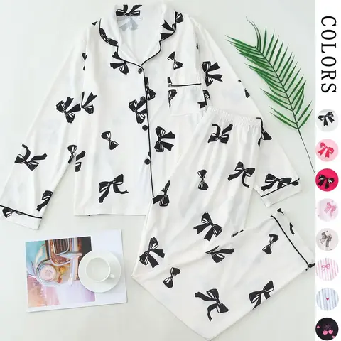 Bow Print Pajama Set, Pyjama, Womenswear, Nightwear, Homewear, French Style Casual Button Down Long Sleeves PJs, Soft 2-Piece Fitted Loungewear Outfit for Women, Perfect Bridal Party & Gift PJ Set, Pajama Lounge Sets