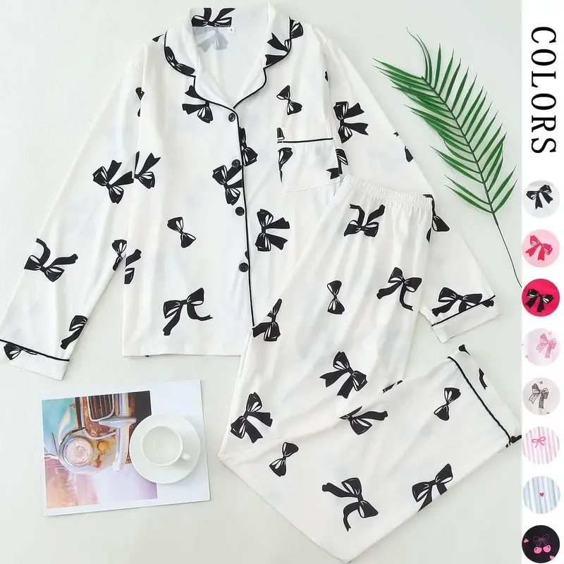 Bow Print Pajama Set, Pyjama, Womenswear, Nightwear, Homewear, French Style Casual Button Down Long Sleeves PJs, Soft 2-Piece Fitted Loungewear Outfit for Women, Perfect Bridal Party & Gift PJ Set, Pajama Lounge Sets
