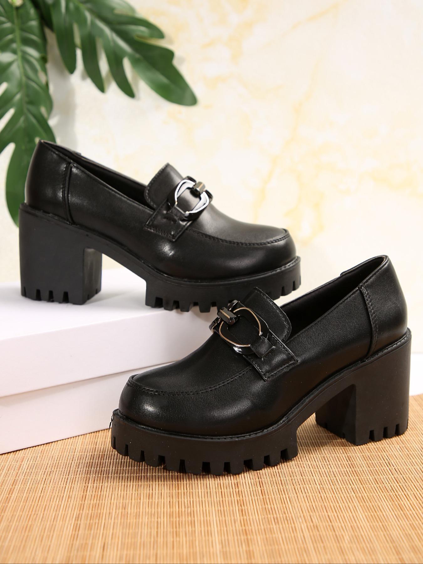 Women's Fashion Elegant Classic High Heels, Chunky Pumps, Metal Decor Faux Fur Design, Stage Style Thick Sole Punk Shoes, All Season Wedding Comfortable Wear