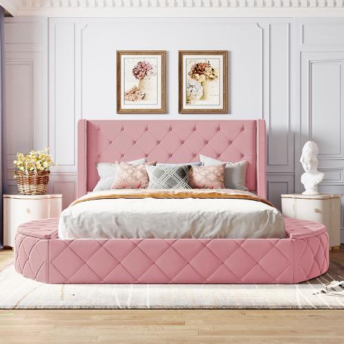 【Bellemave】Upholstered Platform Bed Queen Size Storage Velvet Bed with Wingback Headboard and 1 Big Drawer,2 Side Storage Stool(Beige)