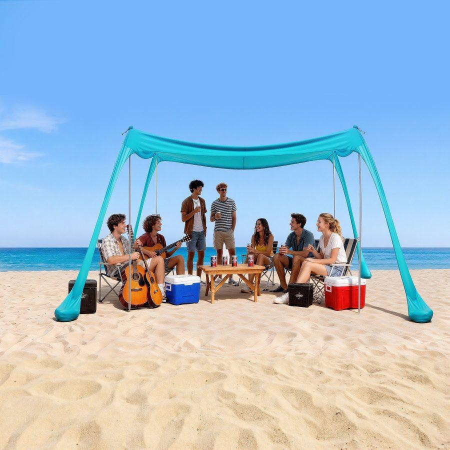 VEVOR Beach Tent Sun Shelter, UPF50+ Sun Protection, 6.6 ft Tall, 10x 10 ft, Easy Pop Up Beach Canopy with Sandbags, Stability Poles, Sand Shovels, Portable Shade for Family Outings, Camping, Fishing