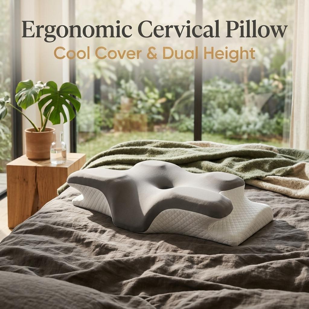 Ergonomic Bed Pillow with Cool Touch Cover, Contour Memory Foam Neck Support, Odor-Free Core, Ideal for Side, Back, Stomach Sleep, Contoured Memory Foam
