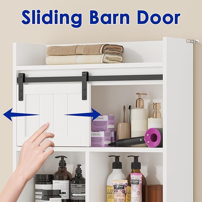 White Over The Toilet Storage Cabinet, Above Toilet Shelf with Sliding Door & Toilet Paper Holder Stand, Behind Toilet Bathroom Organizer with Side Storage Rack for Bathroom, Restroom, White