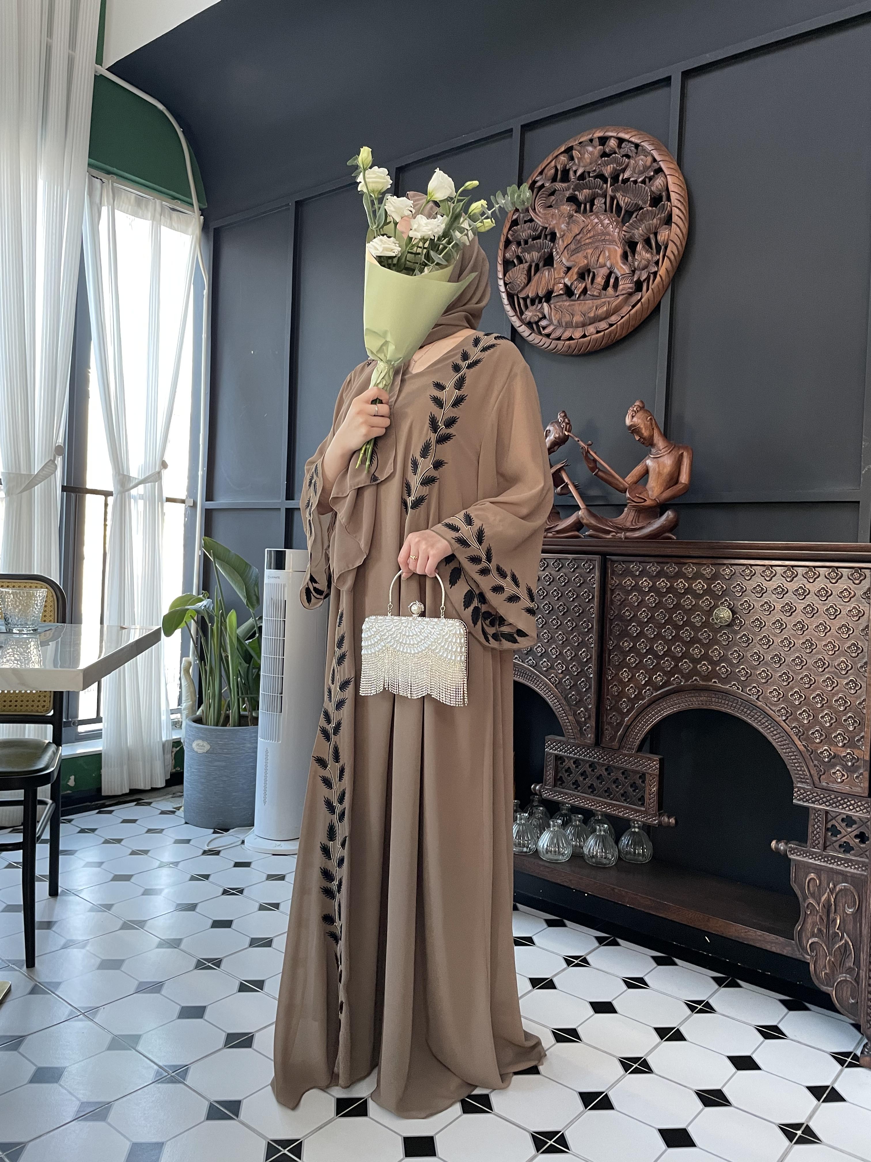 CL14 Unique and exquisite embroidery design abaya, chiffon abaya, two piece set, summer abaya,Muslim robe Modesty Maxi Formal Women Chic Beige【Fashionweek】