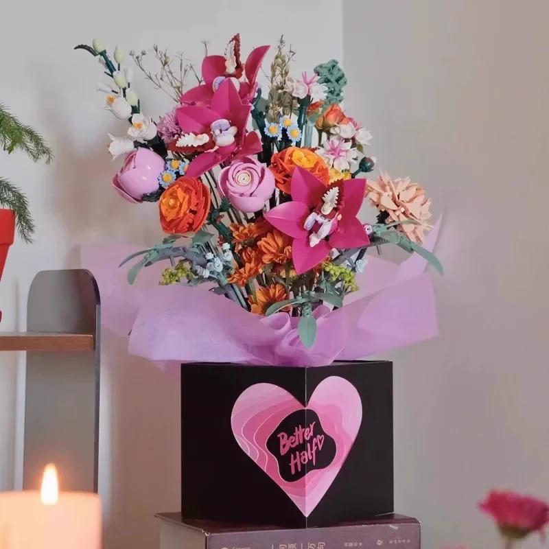 749PCS Creative Pretty Pink Flower Bouquet Building Blocks Set MOC Assemble Bricks Flower Toy & DIY Assemble Toys & Decor Assembly Bricks Kit Ideal Gift For Girl Valentine's Day Gifts Building Block Sets