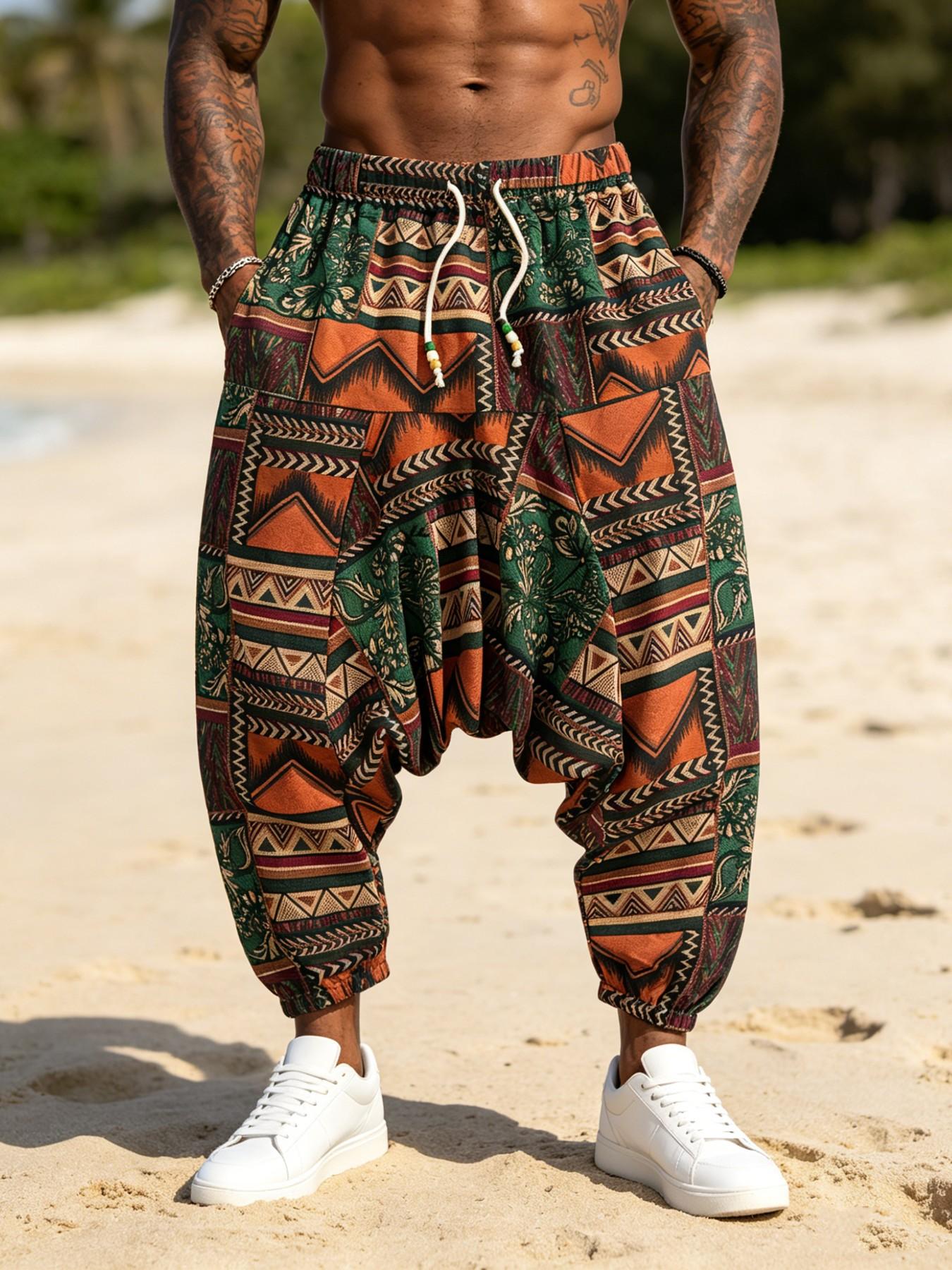 Men's Aztec Print Harem Pants, Elastic Waist Baggy Casual Trousers, Ideal for Beach Vacation, Streetwear & Yoga, Bohemian Boho everyday wear lightweight on trend bottoms bodycon street style