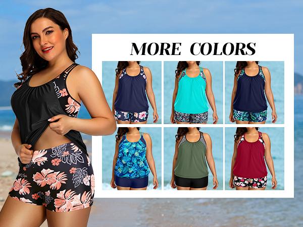 Holipick Floral Plus Size Tankini Swimsuit for Women Two Piece Tummy Control Bathing Suit Blouson Racerback Tankini Top with Shorts
