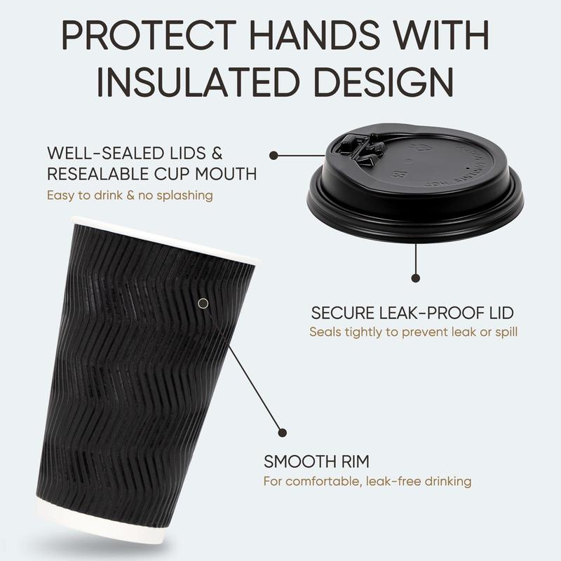 Daily life 16oz Coffee Cups with Lids, 100 Pack Insulated Ripple Paper Cups, Disposable Coffee Cups for Water, Juice, Coffee Home Black，FathersDayGift